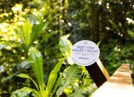 A white circular sign on a wooden post. Lush forest greenery is in the background.